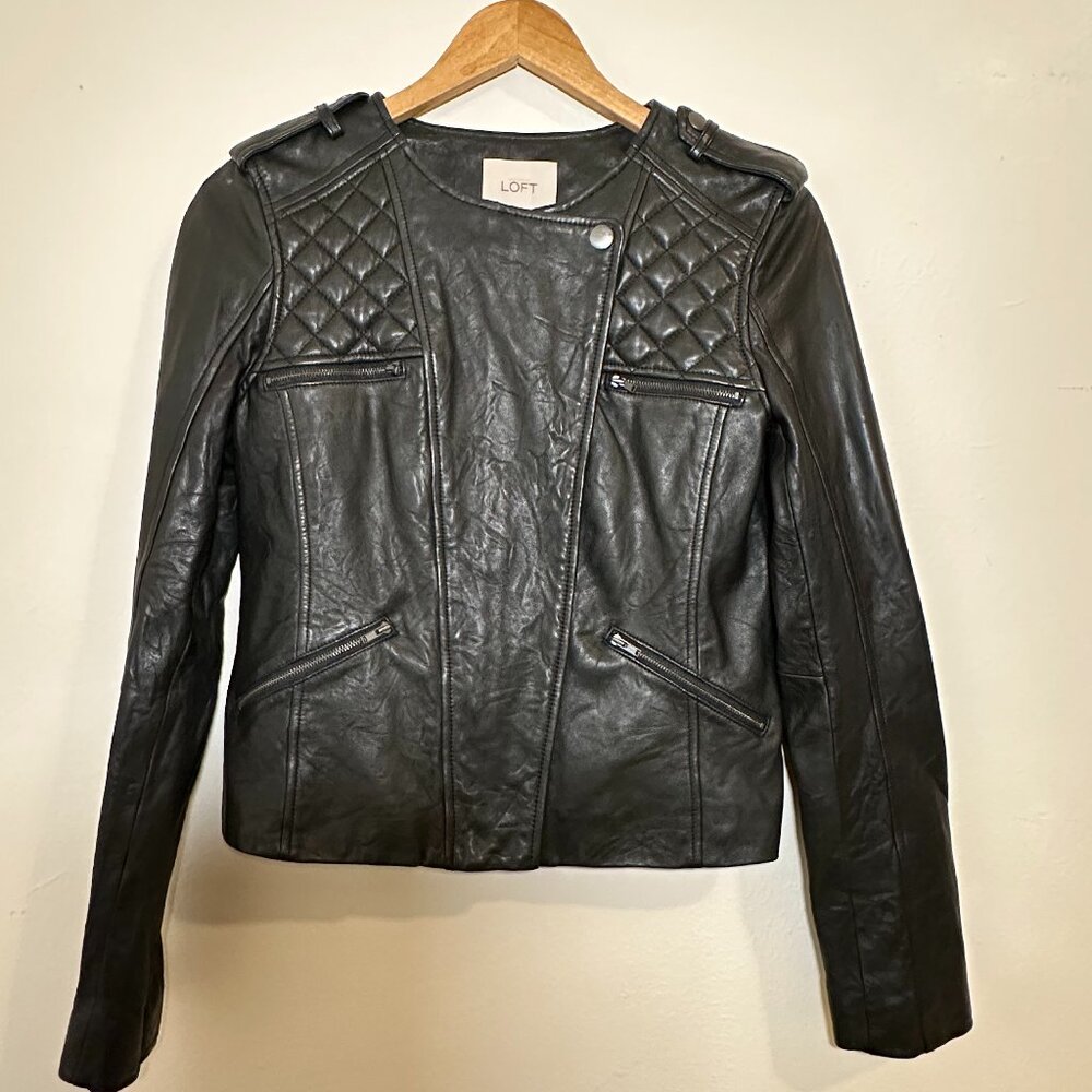 Vintage Ann Taylor Loft Black Quilted Moto Leather Jacket